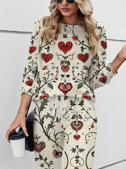 Women Floral Crew Neck Long Sleeve Comfy Casual Printing Top With Pants Two-Piece Set