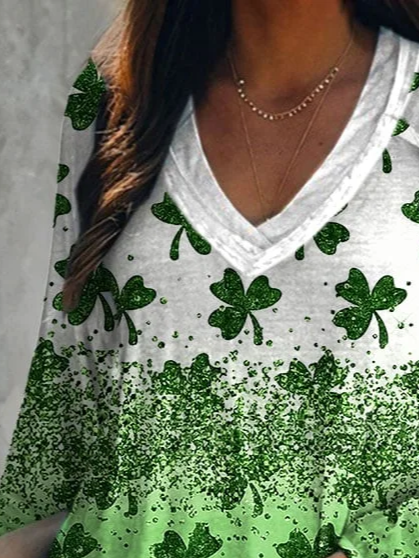 V Neck Long Sleeve Shamrock Printing Regular Micro-Elasticity Loose Graphic Tee Blouse For Women