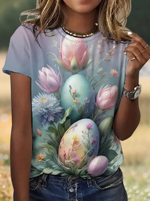 Casual Floral Crew Neck Short Sleeve T-shirt