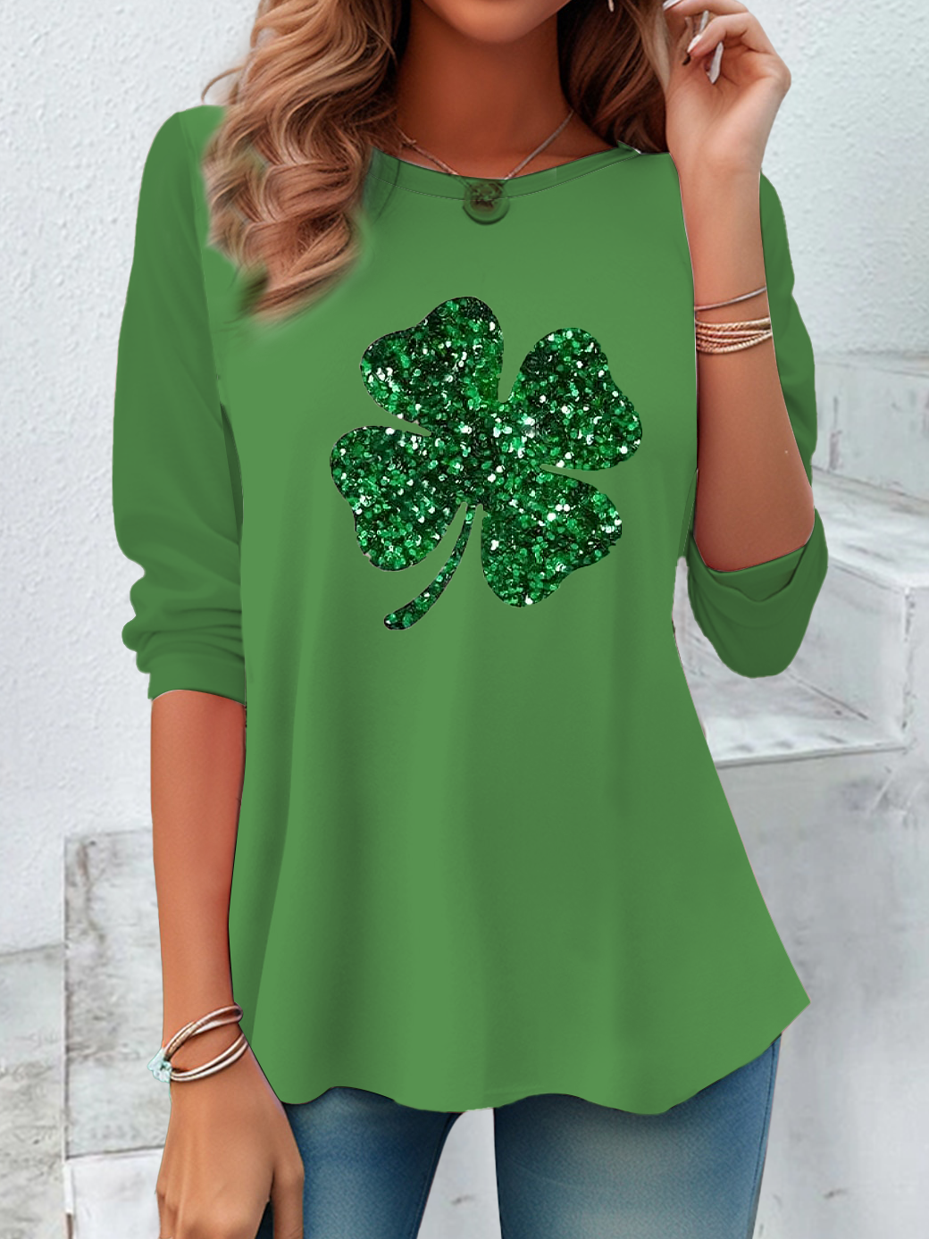 Casual St. Patrick's Day Shamrock Crew Neck Long Sleeve T-shirt