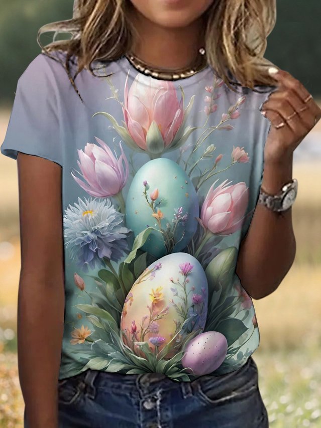 Casual Floral Crew Neck Short Sleeve T-shirt