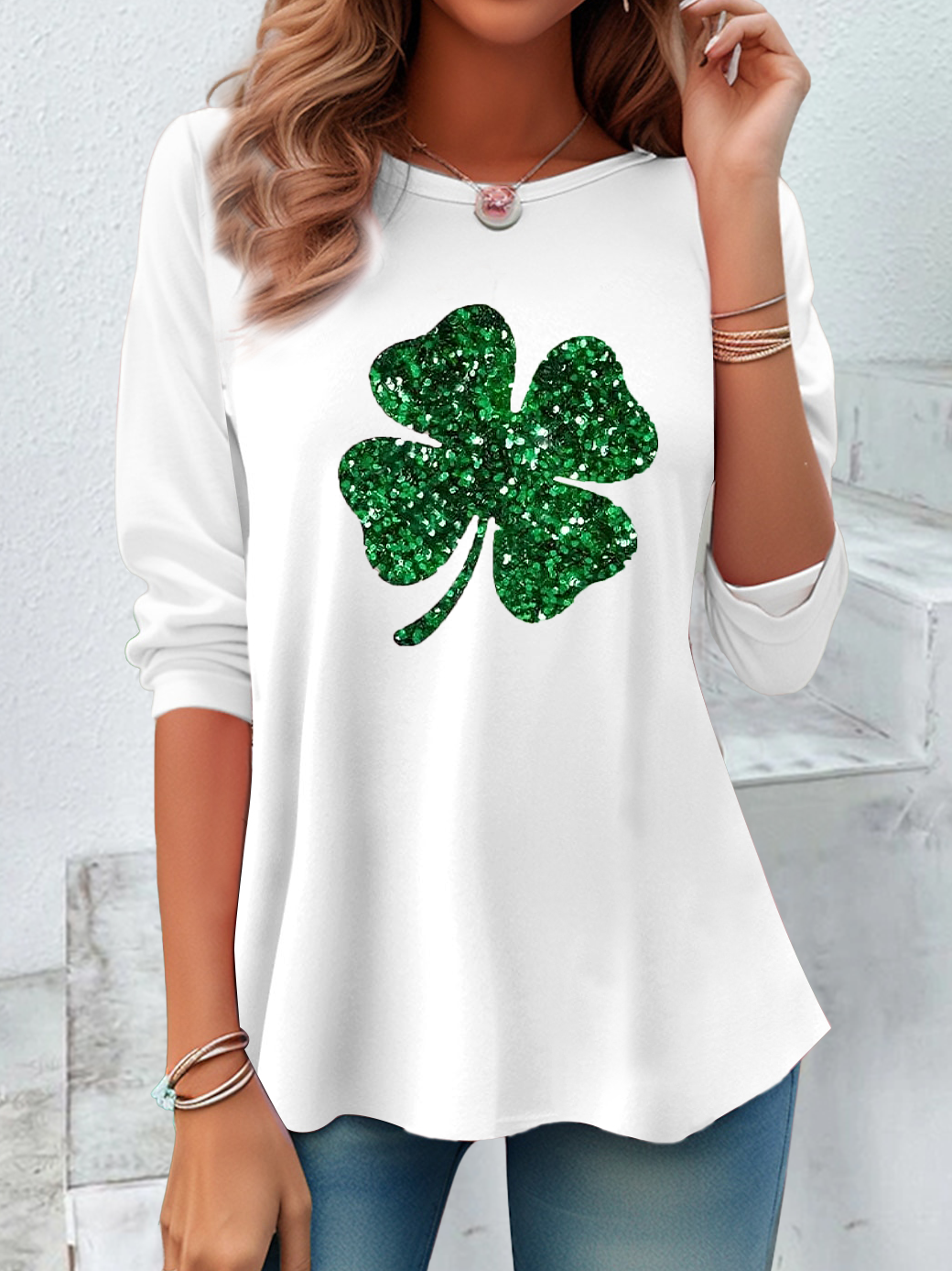 Casual St. Patrick's Day Shamrock Crew Neck Long Sleeve T-shirt