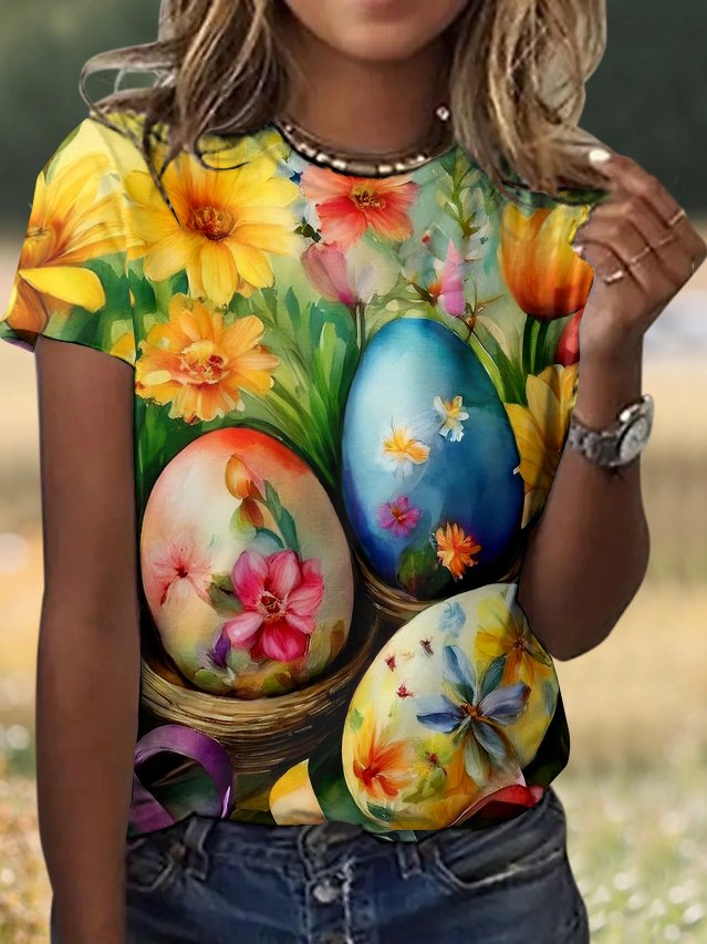 Casual Floral Crew Neck Short Sleeve T-shirt