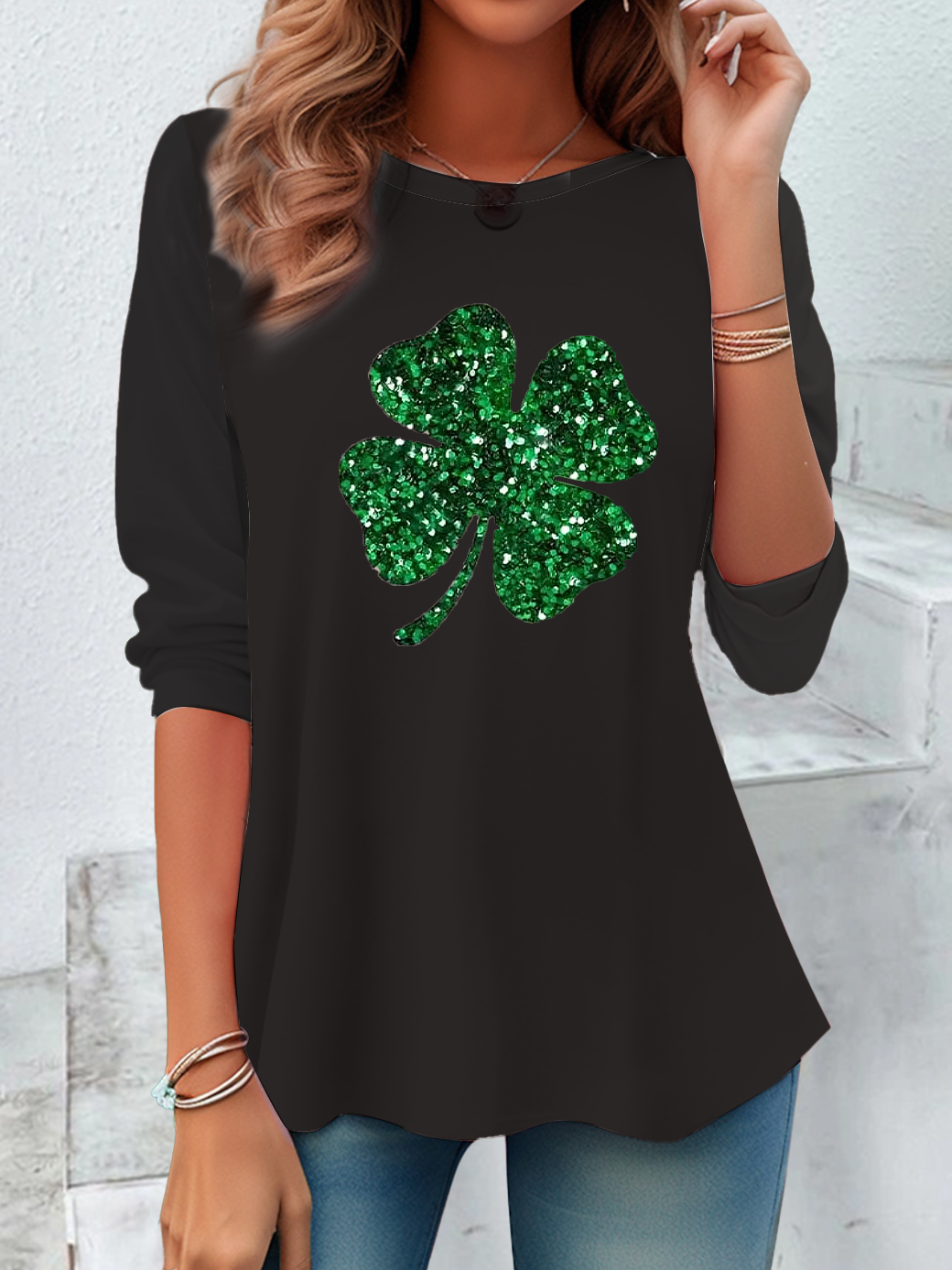 Casual St. Patrick's Day Shamrock Crew Neck Long Sleeve T-shirt