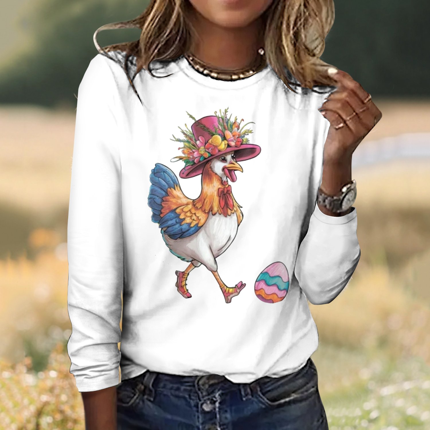 Vintage Easter Plaid Crew Neck Long Sleeve T-shirt