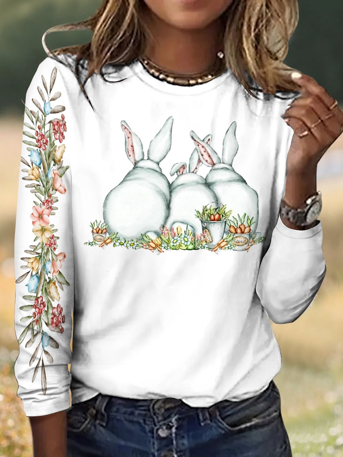 Vintage Easter Rabbit Plaid Crew Neck Long Sleeve T-shirt