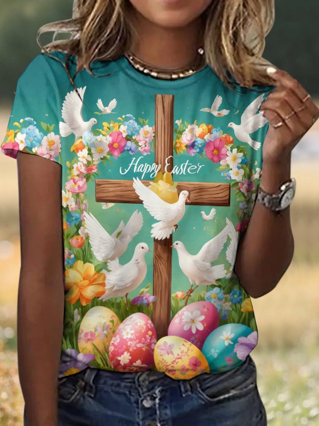 Casual Easter Eggs Floral Crew Neck Short Sleeve T-shirt