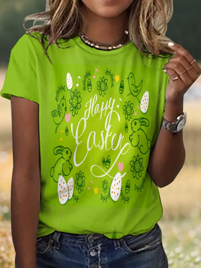 Casual Easter Eggs Floral Crew Neck Short Sleeve T-shirt