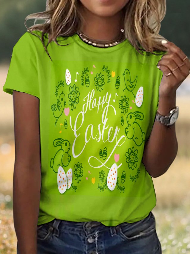 Casual Easter Eggs Floral Crew Neck Short Sleeve T-shirt