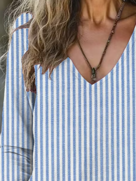 Casual Striped V Neck Long Sleeve T-shirt