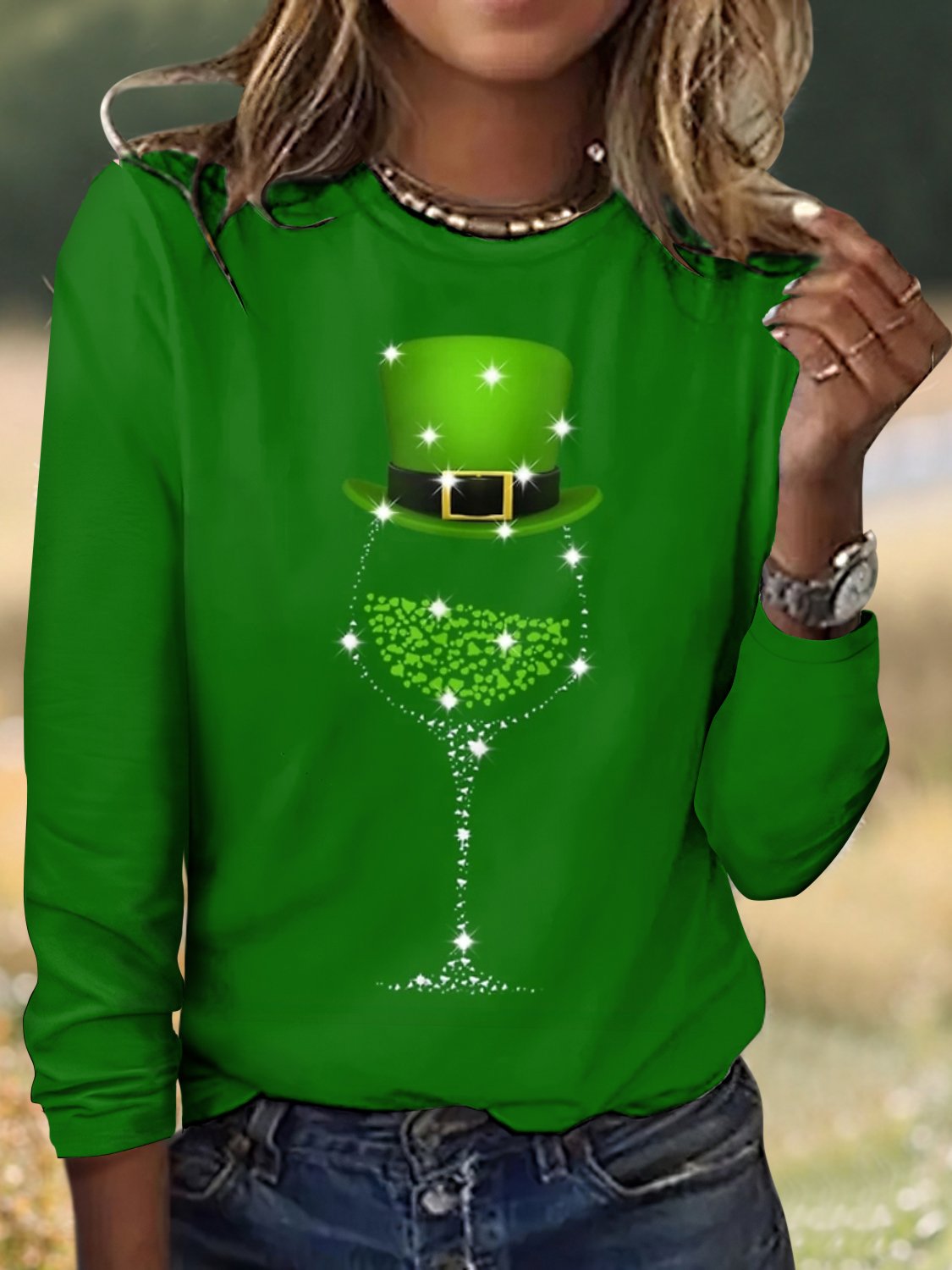 Vintage St. Patrick's Day Plaid Crew Neck Long Sleeve T-shirt