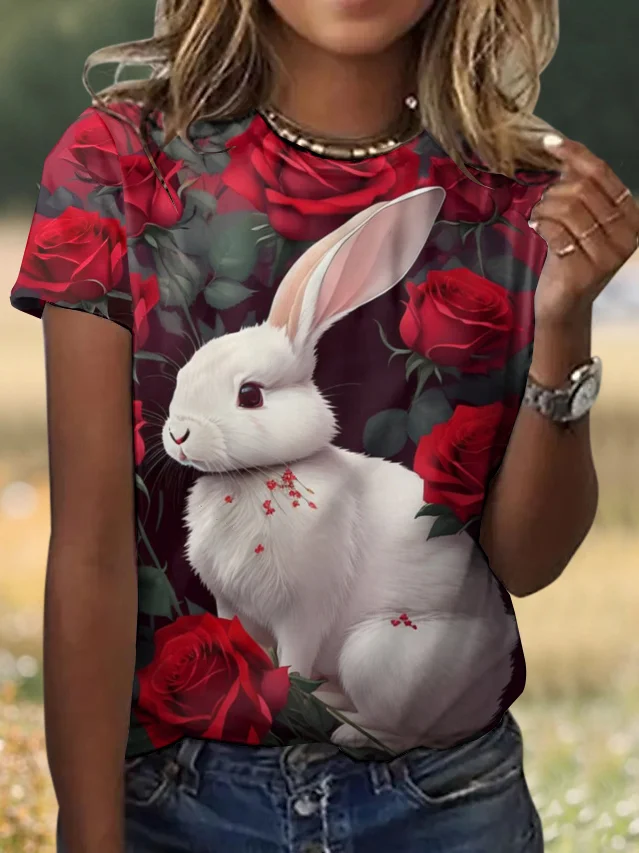 Casual Easter Rabbit Animal Crew Neck Short Sleeve T-shirt