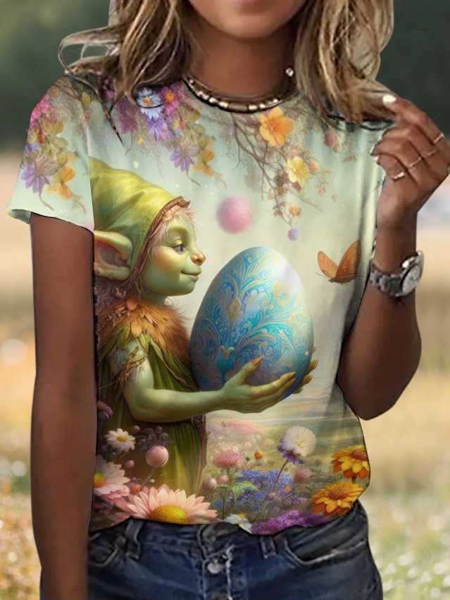 Casual Easter Eggs Floral Crew Neck Short Sleeve T-shirt