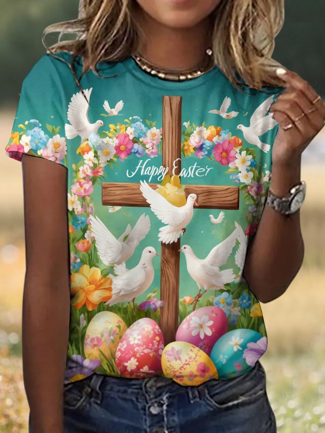 Casual Easter Eggs Floral Crew Neck Short Sleeve T-shirt