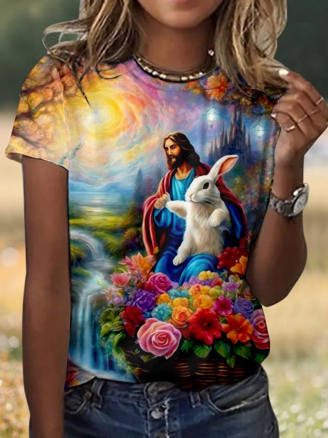 Casual Easter Rabbit Floral Crew Neck Short Sleeve T-shirt