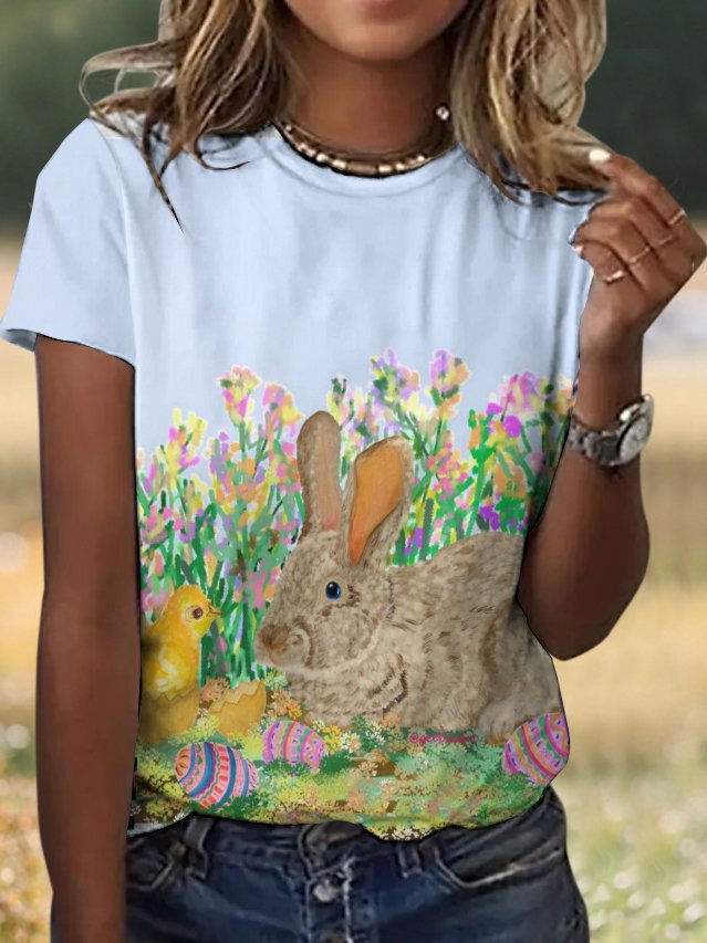 Casual Easter Rabbit Floral Crew Neck Short Sleeve T-shirt