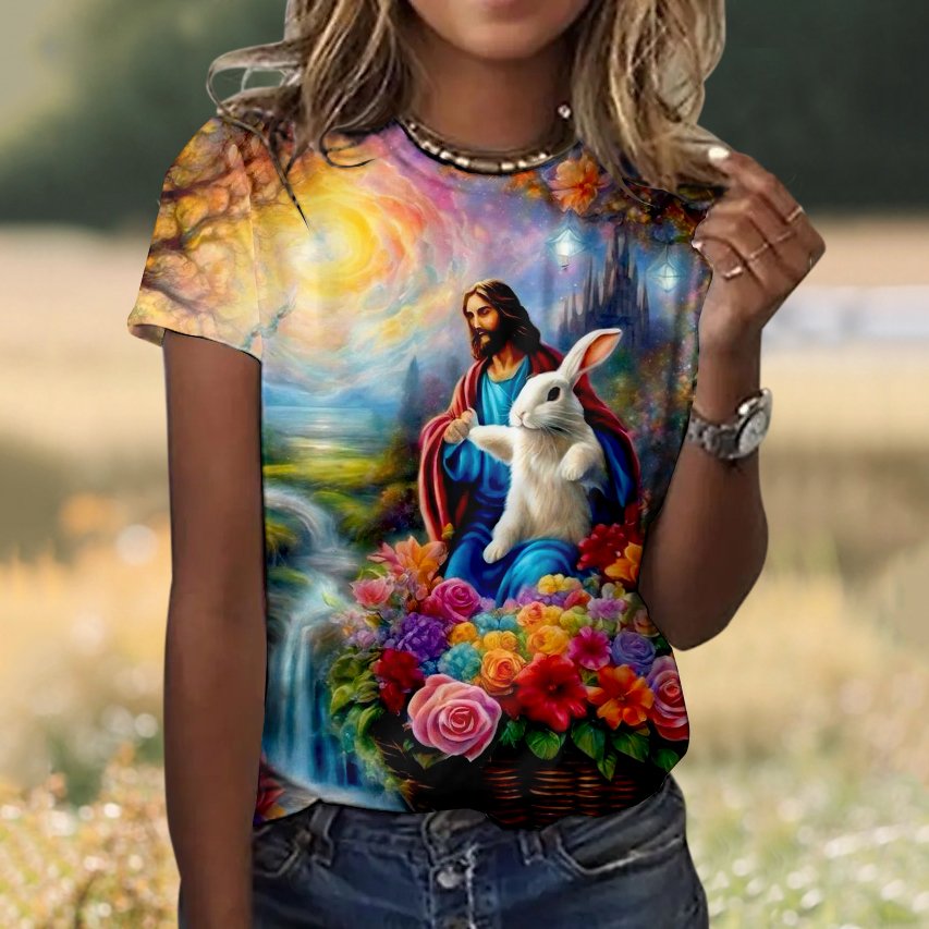 Casual Easter Rabbit Floral Crew Neck Short Sleeve T-shirt