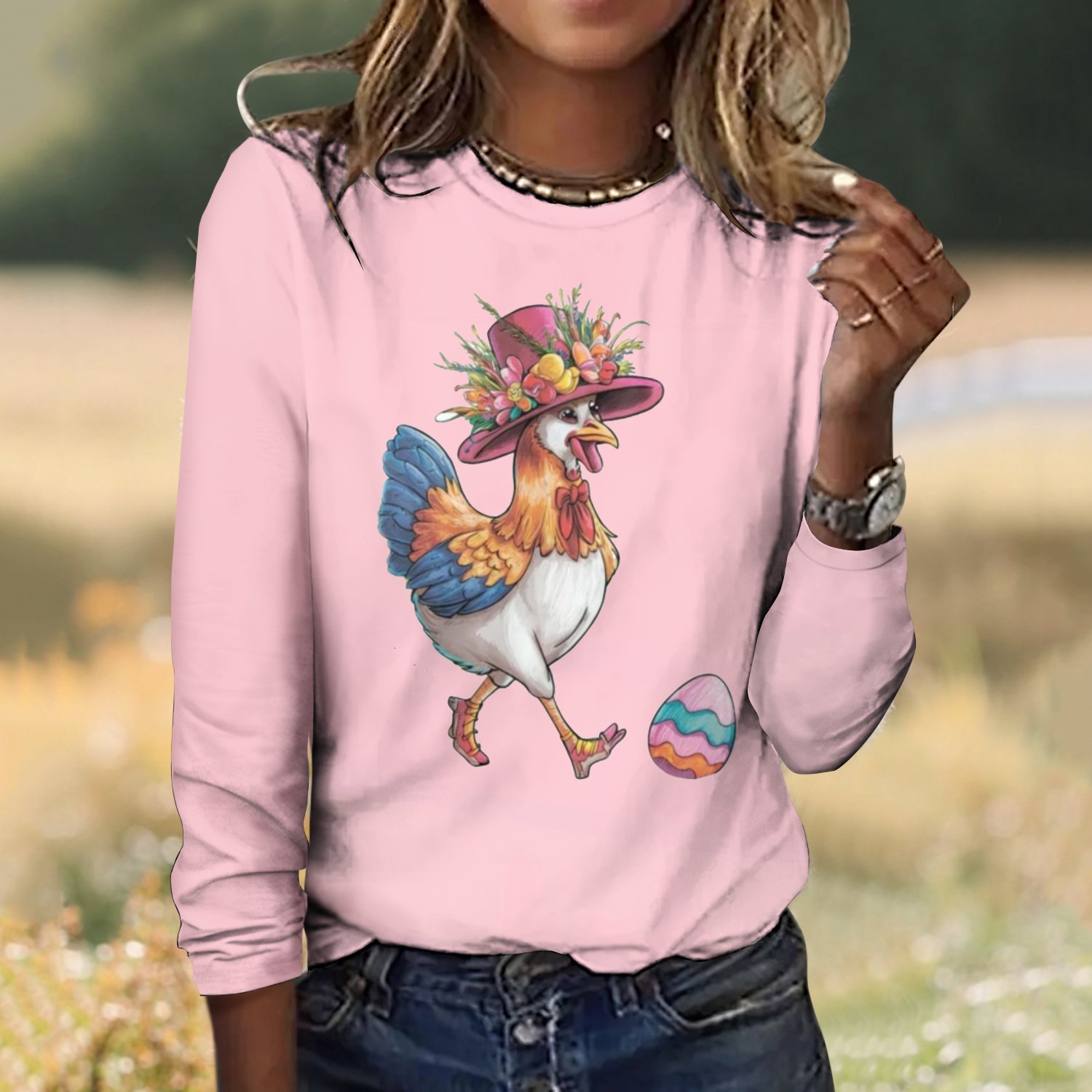 Vintage Easter Plaid Crew Neck Long Sleeve T-shirt