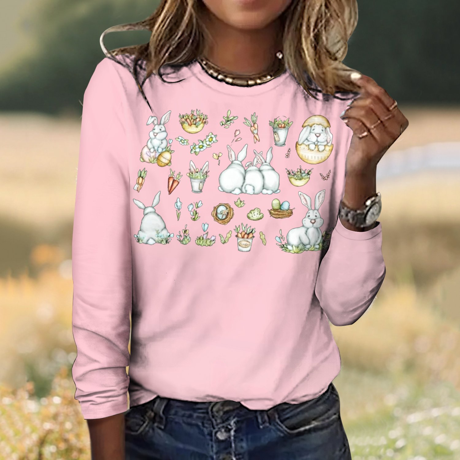 Easter Eggs Rabbits Vintage Plaid Crew Neck Long Sleeve T-shirt