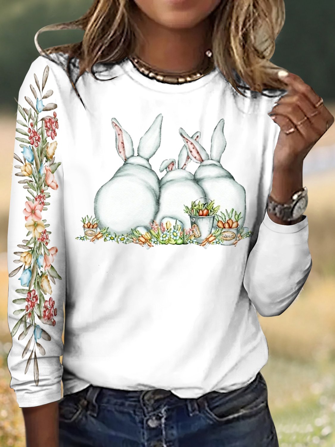 Vintage Easter Rabbit Plaid Crew Neck Long Sleeve T-shirt