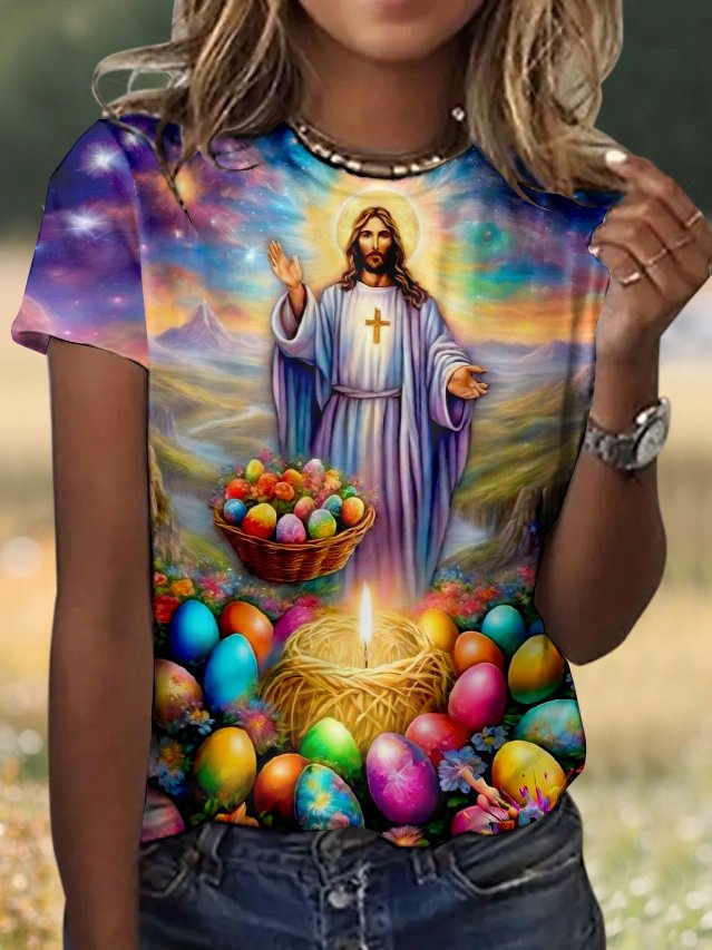 Casual Easter Eggs Floral Crew Neck Short Sleeve T-shirt