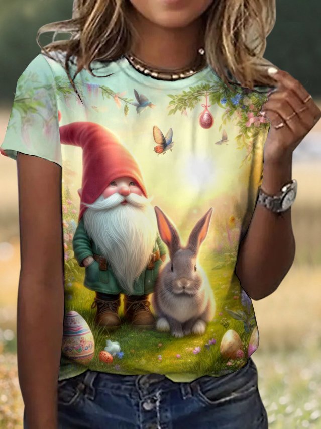 Casual Easter Rabbit Floral Crew Neck Short Sleeve T-shirt