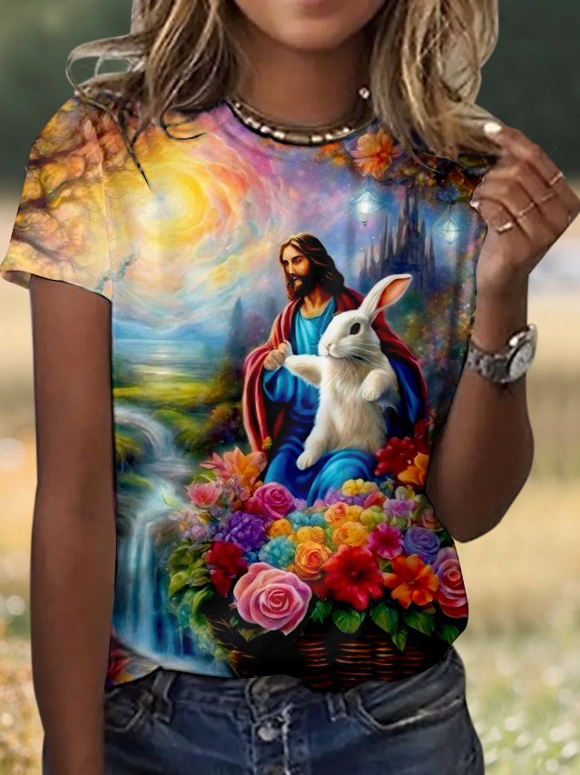 Casual Easter Rabbit Floral Crew Neck Short Sleeve T-shirt