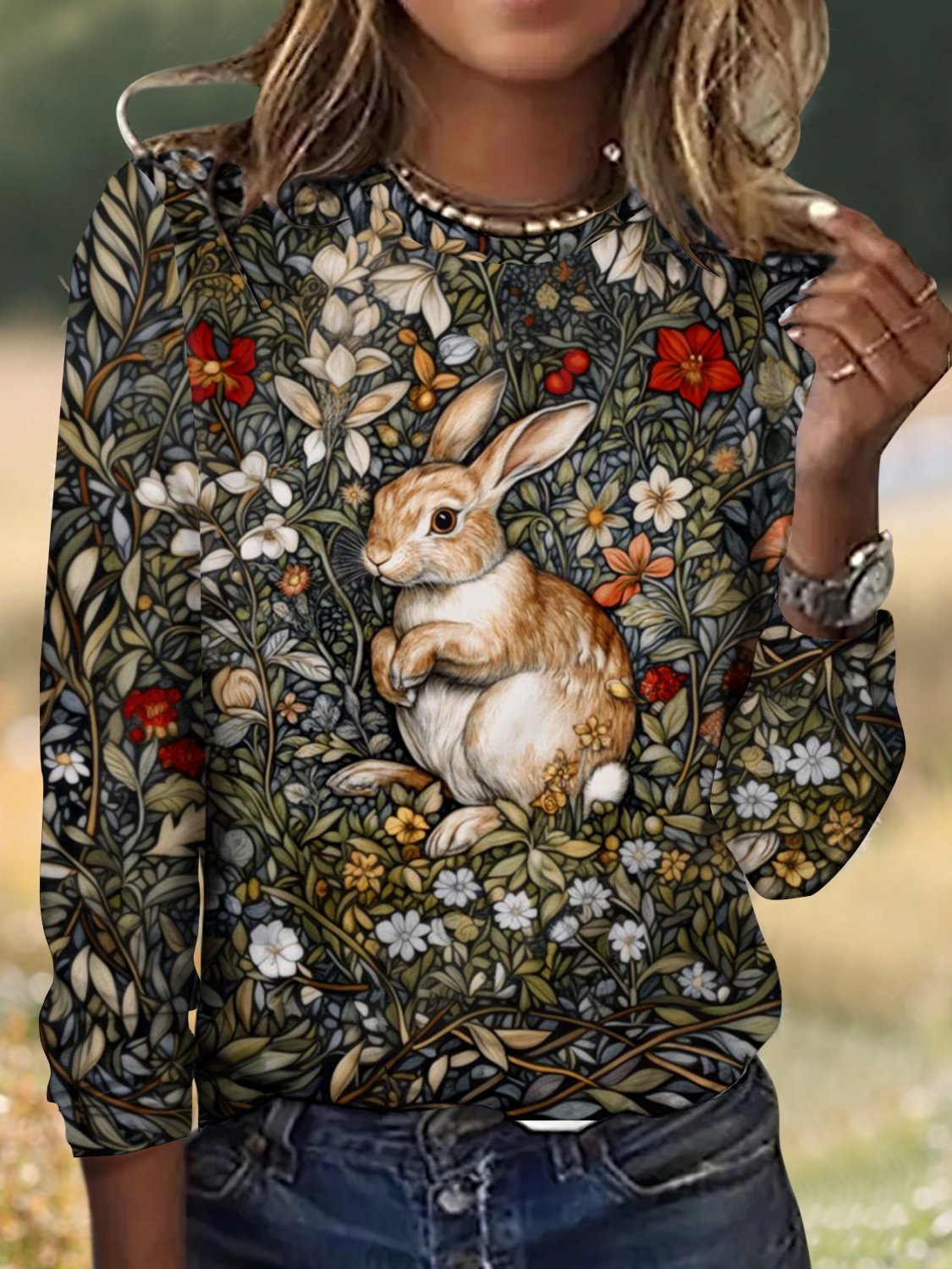 Vintage Easter Rabbit Plaid Crew Neck Long Sleeve T-shirt