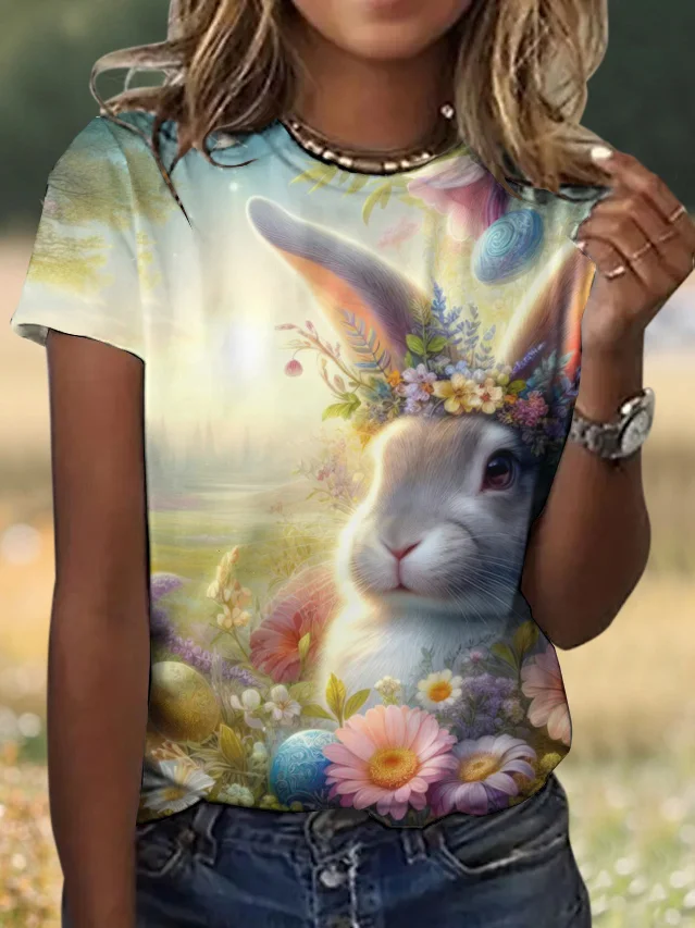 Casual Easter Rabbit Floral Crew Neck Short Sleeve T-shirt