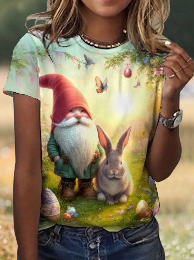 Casual Easter Rabbit Floral Crew Neck Short Sleeve T-shirt