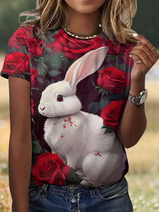 Casual Easter Rabbit Animal Crew Neck Short Sleeve T-shirt