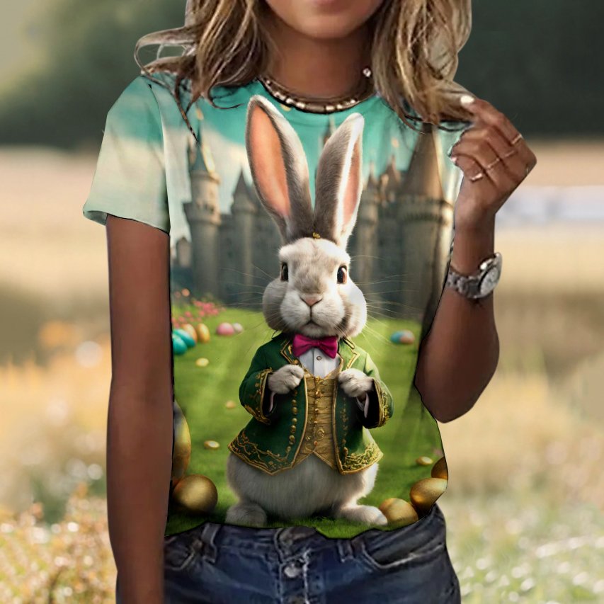 Casual Easter Rabbit Animal Crew Neck Short Sleeve T-shirt