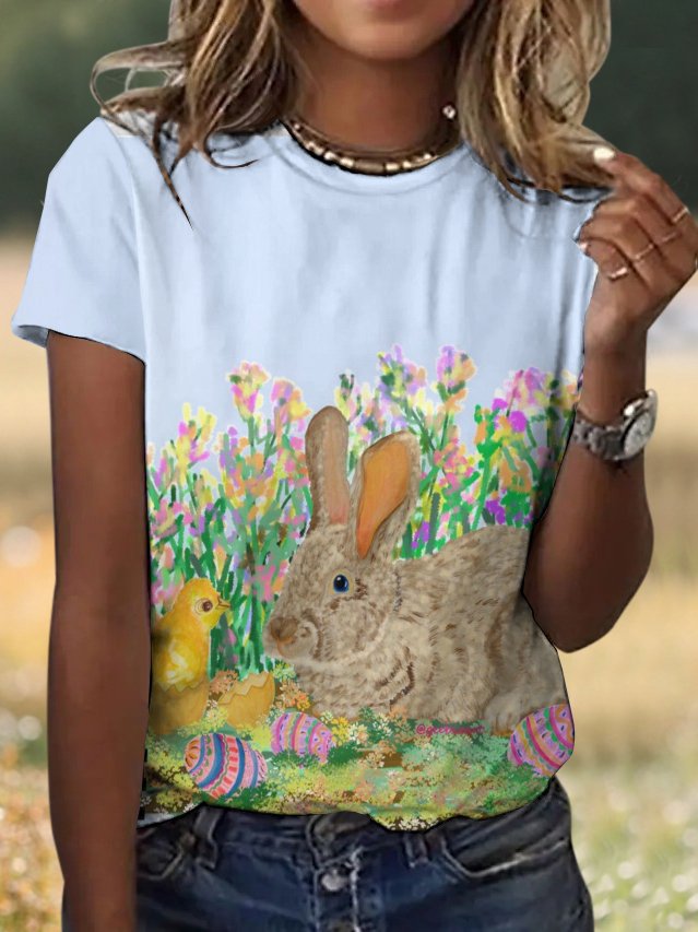 Casual Easter Rabbit Floral Crew Neck Short Sleeve T-shirt