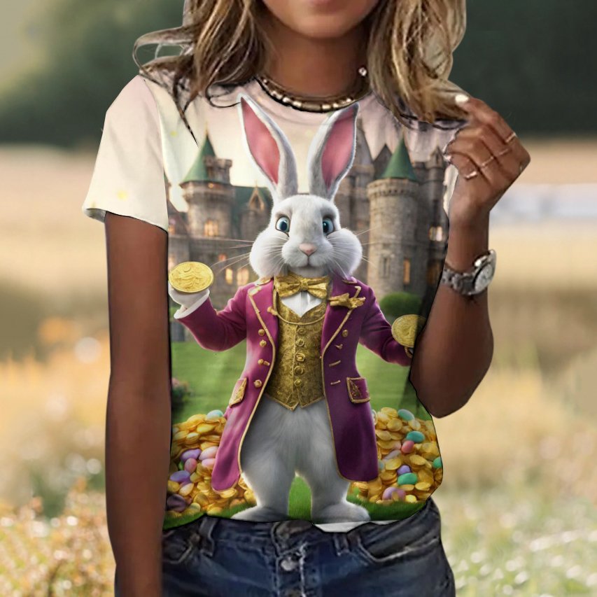 Casual Easter Rabbit Animal Crew Neck Short Sleeve T-shirt