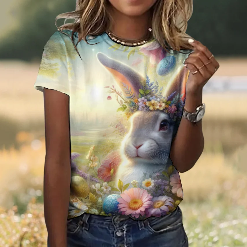 Casual Easter Rabbit Floral Crew Neck Short Sleeve T-shirt