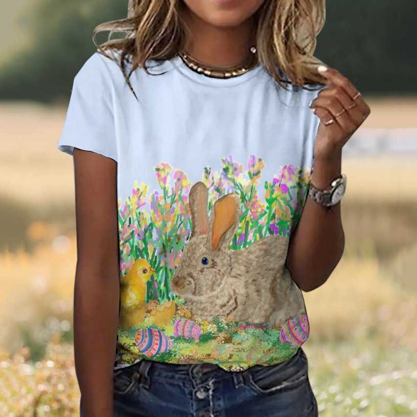 Casual Easter Rabbit Floral Crew Neck Short Sleeve T-shirt