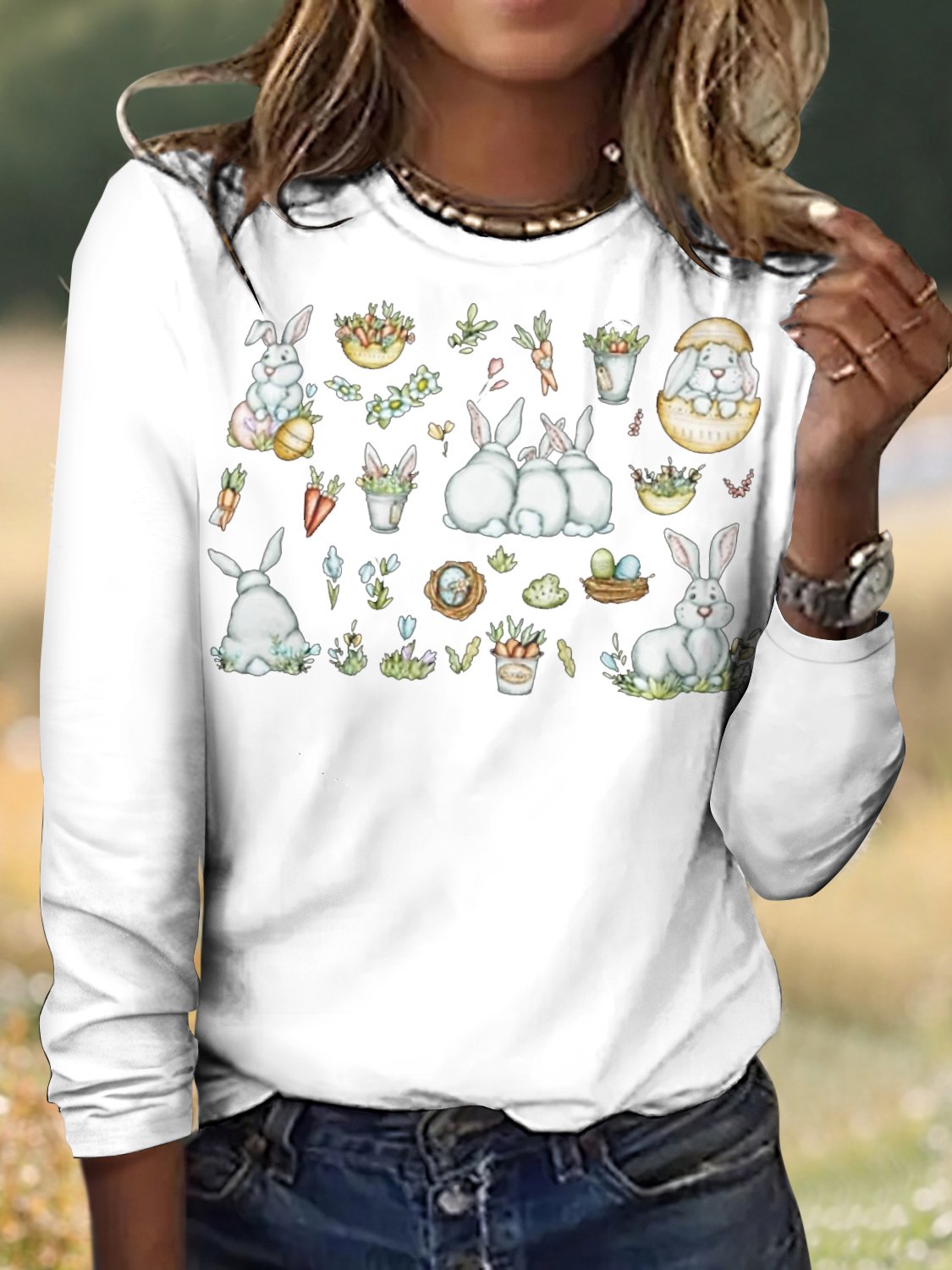 Easter Eggs Rabbits Vintage Plaid Crew Neck Long Sleeve T-shirt