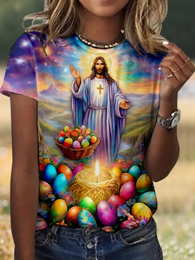 Casual Easter Eggs Floral Crew Neck Short Sleeve T-shirt