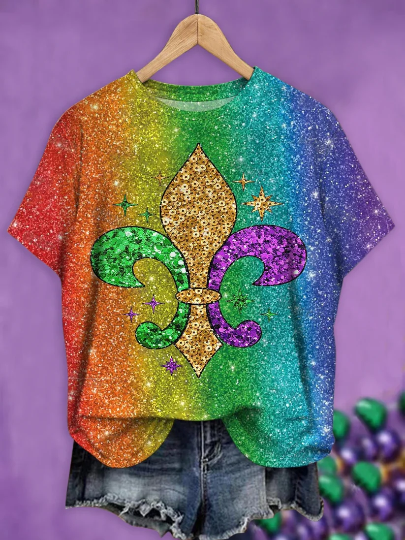 Mardi Gras Casual Geometric Crew Neck Short Sleeve T-shirt