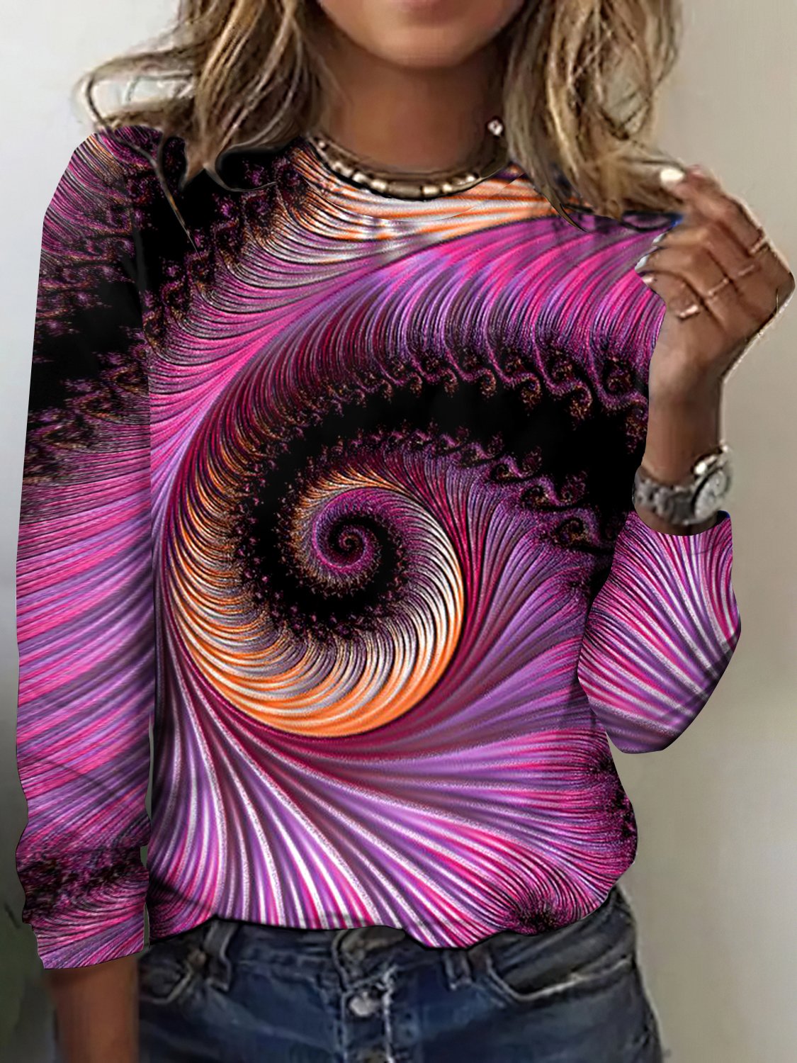 Casual Geometric Crew Neck Long Sleeve T-shirt