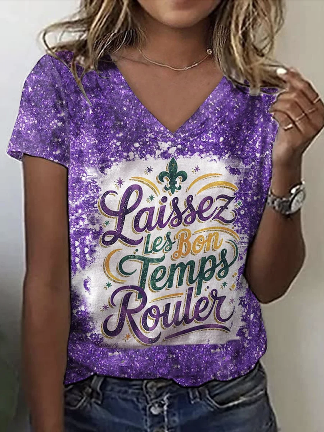 Mardi Gras Casual Ombre V Neck Short Sleeve T-shirt