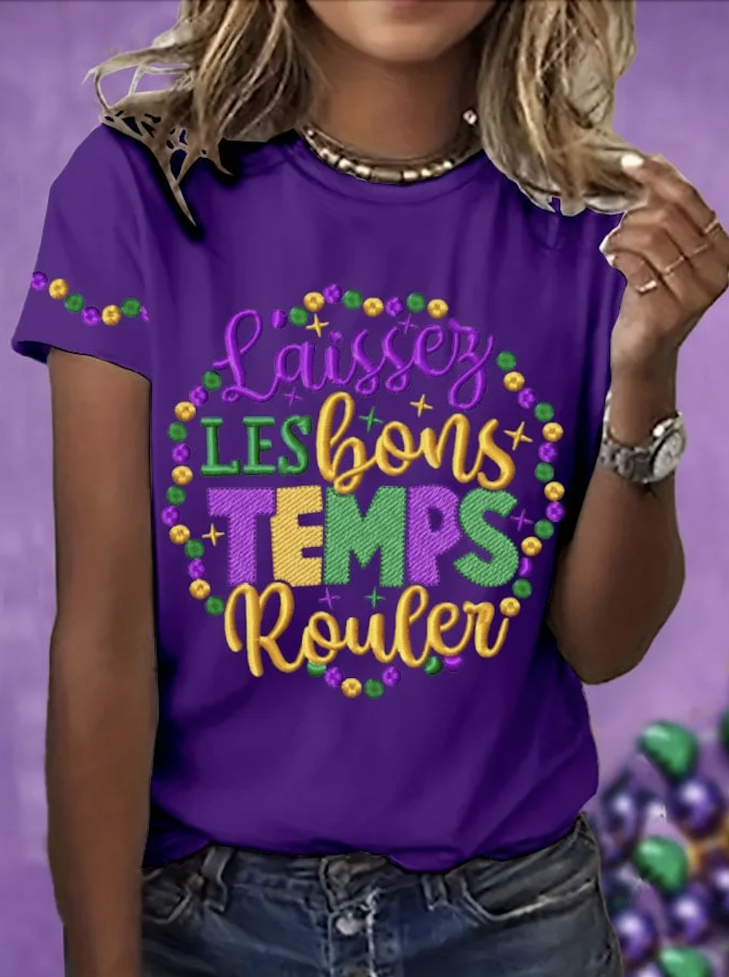 Mardi Gras Casual Text Letters Crew Neck Short Sleeve T-shirt