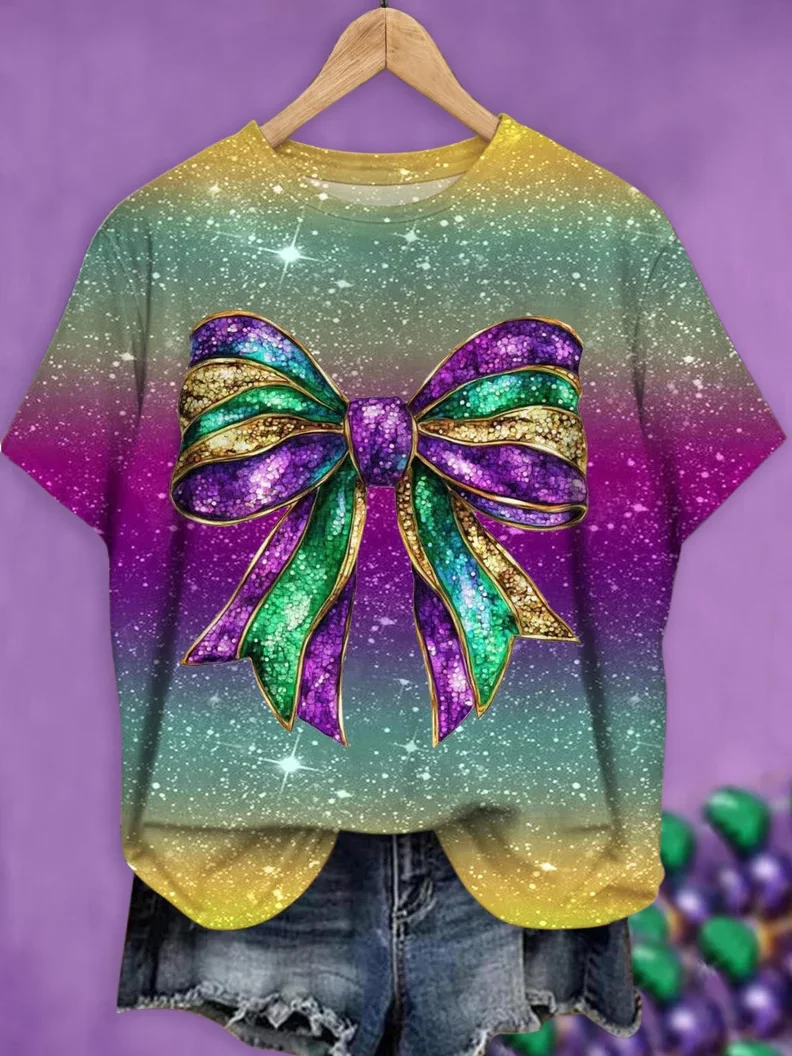 Mardi Gras Casual Ombre Crew Neck Short Sleeve T-shirt