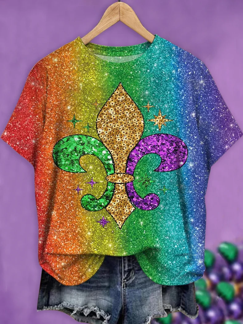 Mardi Gras Casual Geometric Crew Neck Short Sleeve T-shirt