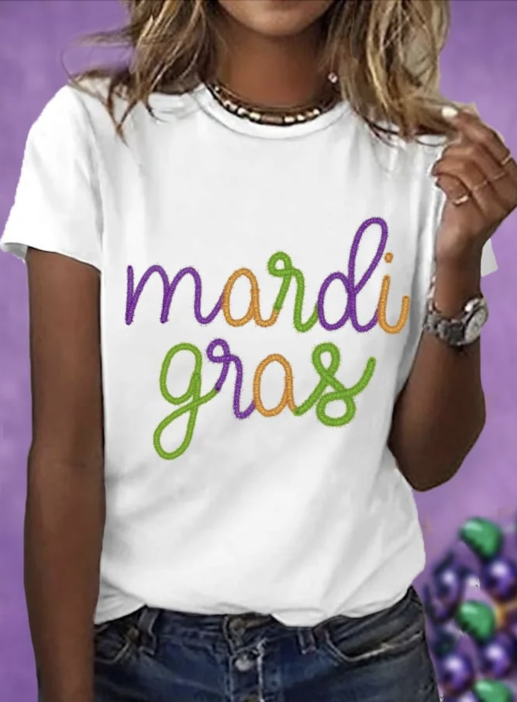 Mardi Gras Casual Text Letters Crew Neck Short Sleeve T-shirt