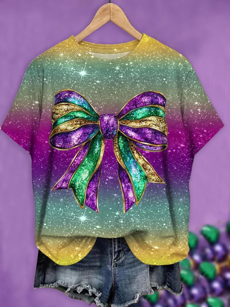 Mardi Gras Casual Ombre Crew Neck Short Sleeve T-shirt