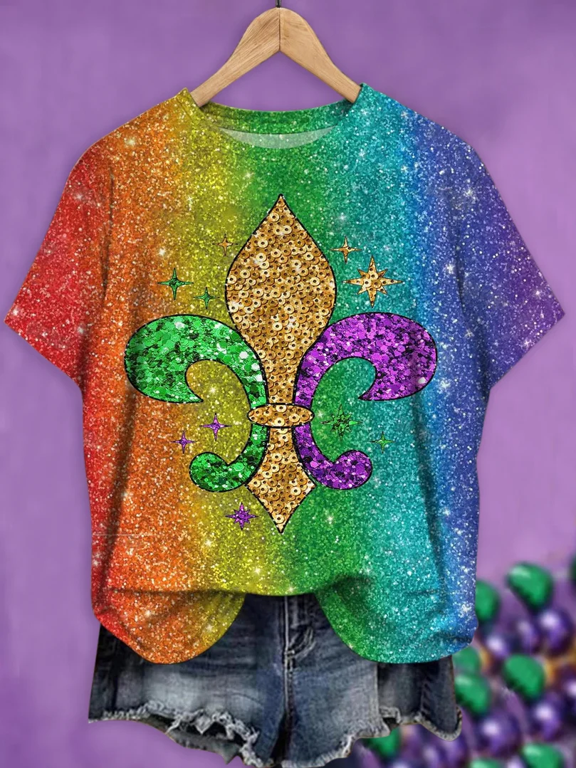 Mardi Gras Casual Geometric Crew Neck Short Sleeve T-shirt