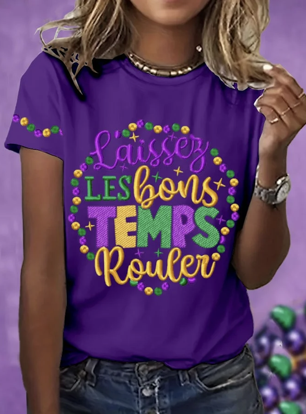 Mardi Gras Casual Text Letters Crew Neck Short Sleeve T-shirt