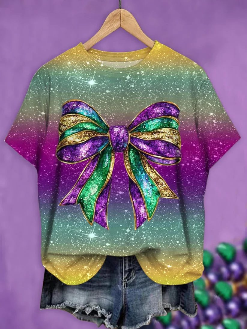 Mardi Gras Casual Ombre Crew Neck Short Sleeve T-shirt