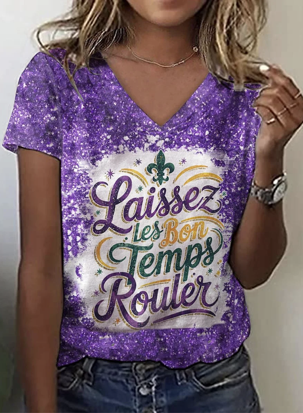 Mardi Gras Casual Ombre V Neck Short Sleeve T-shirt